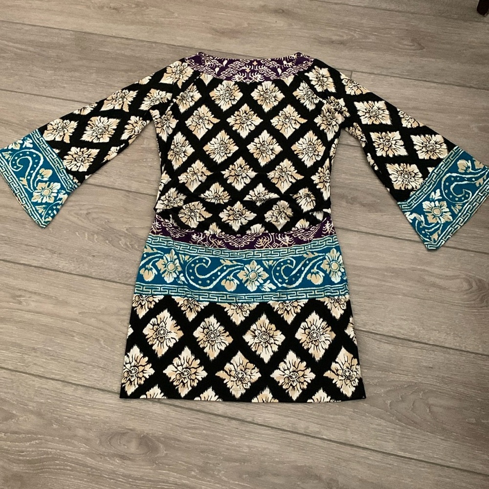 Muse bell sleeve blouson waist boat neckline midi dress black/cream/turquoise 6
